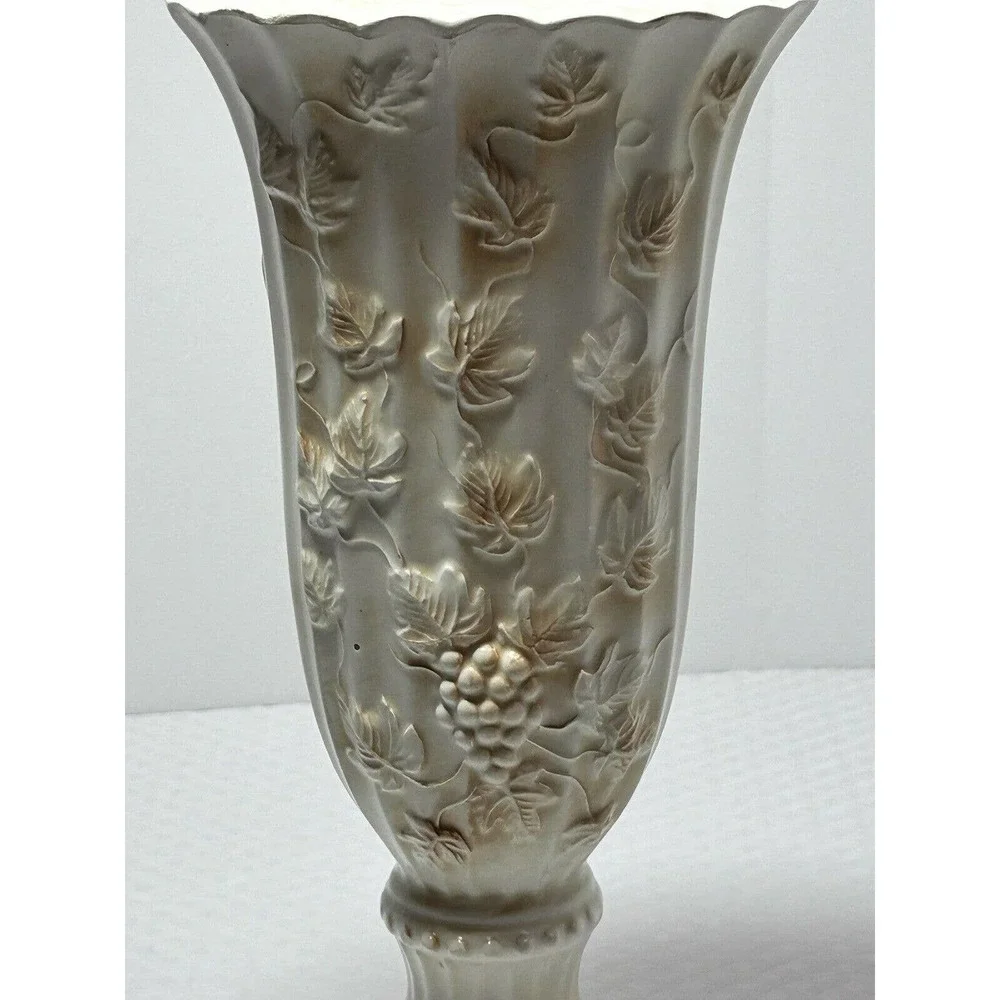 Pottery Pedestal Vase, White‎ & Tan, Raised Embossed Grapes & Leaves, Scalloped